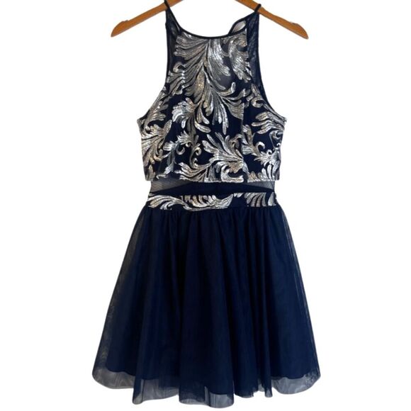 Teeze Me Short Fit & Flare Lace Overlay Mesh Waist Formal Sleeveless Dress 3/4 - Picture 1 of 12
